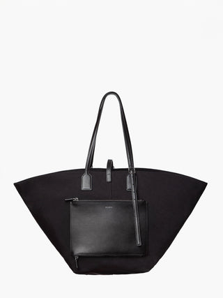 Black handbag with a smaller black pouch on a white background