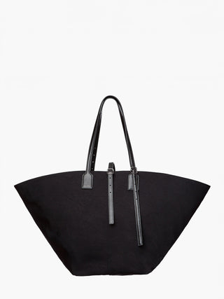 Black tote bag with silver hardware on a white background
