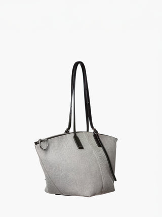 Gray handbag with black straps on a white background