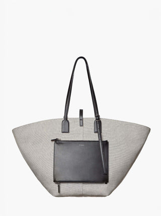 Gray tote bag with a black zipper pouch on a white background