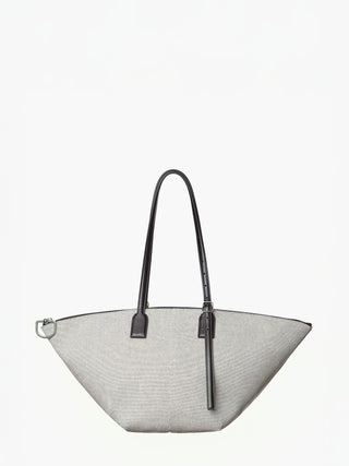 Gray tote bag with black handles on a white background